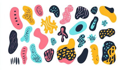 A collection of stylized bacteria shapes, flat vector art, bright contrasting colors, isolated on white background 