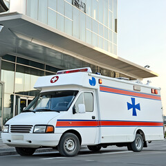 Classic Emergency Vehicle Parked At Modern Medical Facility Under Clear Sky
