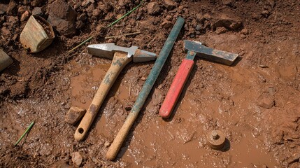 A close-up of various garden tools arranged on dirt, showcasing their wooden and metal designs, ideal for landscaping or gardening tasks.