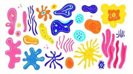 A collection of stylized bacteria shapes, flat vector art, bright contrasting colors, isolated on white background 