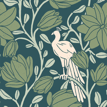 Peacock and flowers repeat pattern, seamless botanical pattern for wallpaper, stationery, home decoration, bedding, romantic English garden collection