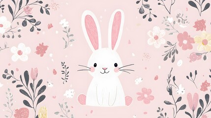 simple pastel-colored bunny surrounded by soft floral patterns