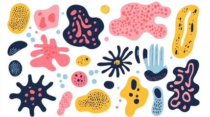 A collection of stylized bacteria shapes, flat vector art, bright contrasting colors, isolated on white background 