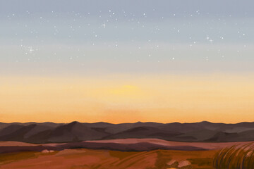 Fototapeta premium Sunset desert landscape background illustration, painting