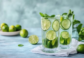 Fototapeta premium Refreshing Summer Beverages with Lime Slices and Fresh Mint Leaves in Glasses on a Soft Blue Background, Perfect for Thirst Quenching or Party Ideas