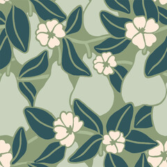 Ornate pattern featuring pears, flowers and foliage motifs in a vintage-inspired design with a monochromatic green and cream palette, English garden inspiration