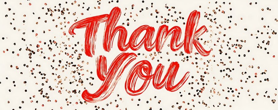 The text "Thank You" in bold red script with shimmering metallic confetti on a light cream background.