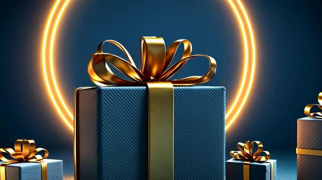 Luxury Gift Boxes with Golden Bows and Neon Circle Background, present, presents, packaging, ribbon, dark