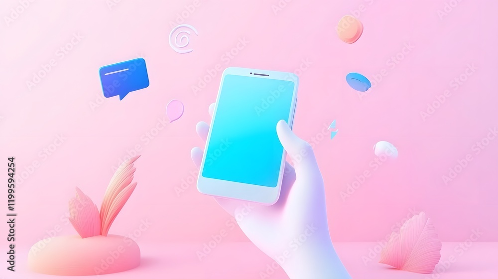 Poster minimal smartphone with floating communication icons on soft lavender background
