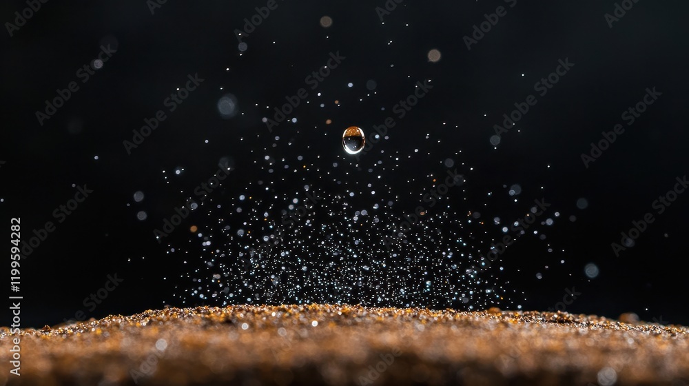 Poster a close-up of a water droplet creating a splash on a textured surface, highlighting the dynamic inte