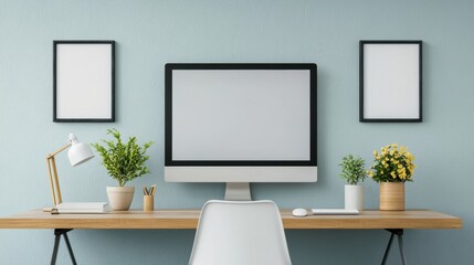 Fototapeta premium Modern minimalist office with computer and blank frames promoting productivity