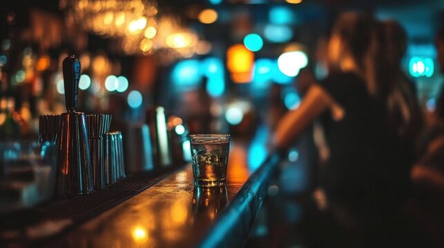 A vibrant nightlife setting filled with indistinct figures.