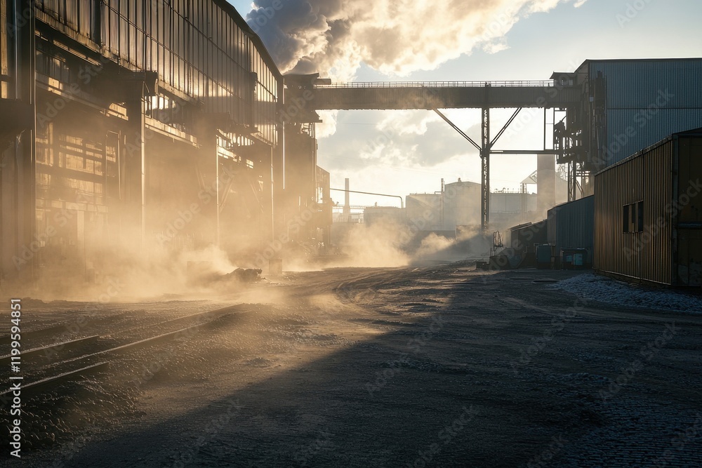Poster a serene industrial scene with mist rising from the ground, illuminated by soft sunlight filtering t