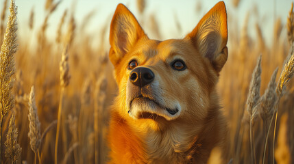 Dog portrait, loyal pet, golden gaze, nature background, animal friend, ideal for pet and nature themes.