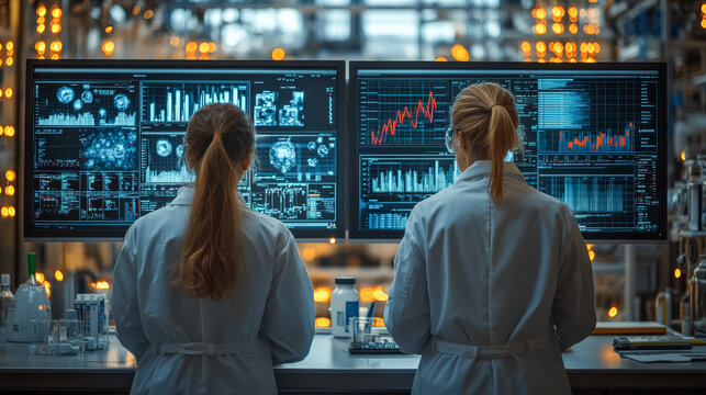 Data analytics monitoring, workers on screen, factory control, technology process, industrial operations, ideal for science and innovation.