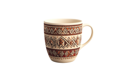 A beautifully designed ceramic mug featuring intricate tribal patterns, perfect for hot beverages. Isolated on a white background.