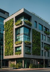 Obraz premium Modern Building with Vertical Gardens, Green Facade Architecture, Sustainable Urban Design with Living Walls.