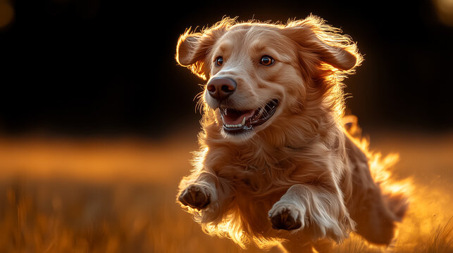 A dynamic scene of a hunting dog chasing prey across a field. Golden retriever running fast, playful energy, outdoor action, pet, perfect for animal, nature, and sports themes.