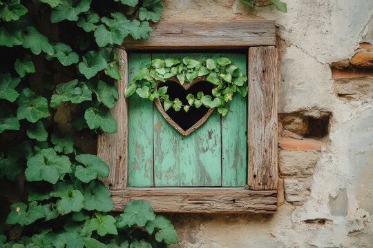 A rustic wooden window frame with a heart-shaped opening showcases vibrant green ivy, creating a charming and inviting atmosphere. - Powered by Adobe