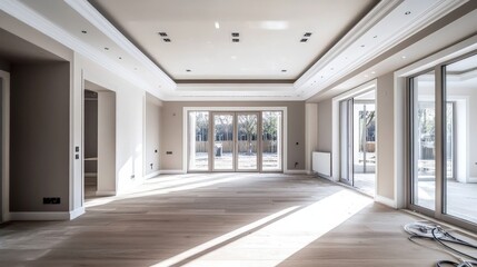 Fototapeta premium Freshly finished walls and ceiling in a vacant living area.