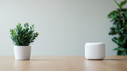 Minimalist office desk with smart speaker and plant promoting productivity and wellness