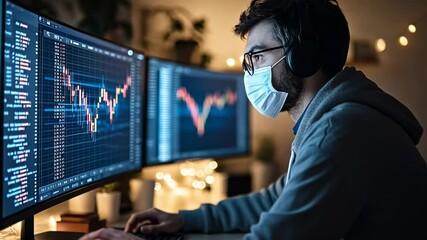 Man Wearing Face Mask Works From Home Monitoring Stock Market on Computer, trading, investment, finance, business, technology - Powered by Adobe