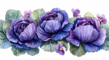 Obraz premium Elegant watercolor clipart of deep purple cabbage with vibrant green leaves, sliced pieces, and blooming flowers, ideal for garden-themed designs.