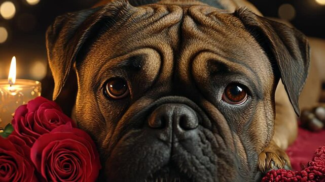 Romantic Boxer Dog with Roses and Candlelight, puppy, canine, pet, animal, romance