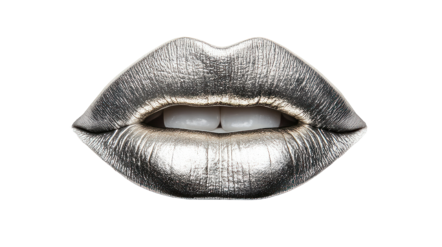 Close-up of glossy silver lips on a black background, emphasizing beauty and cosmetic design.