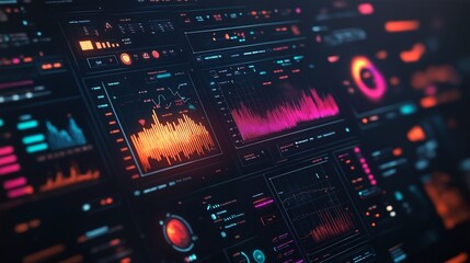 Obraz premium A futuristic and high-tech visualization of various data sets, graphs, charts, and other information, displayed on a dark background with vibrant colors.