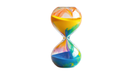 Colorful hourglass with flowing sand, symbolizing time management and the passage of time against a white isolate background.