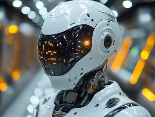 Fototapeta premium White robot head with glowing visor in futuristic tech facility