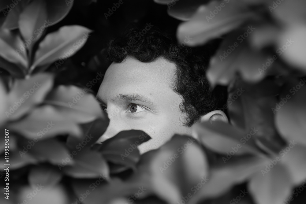 Poster a person partially obscured by leaves, with a focus on their eye, creating a mysterious and introspe