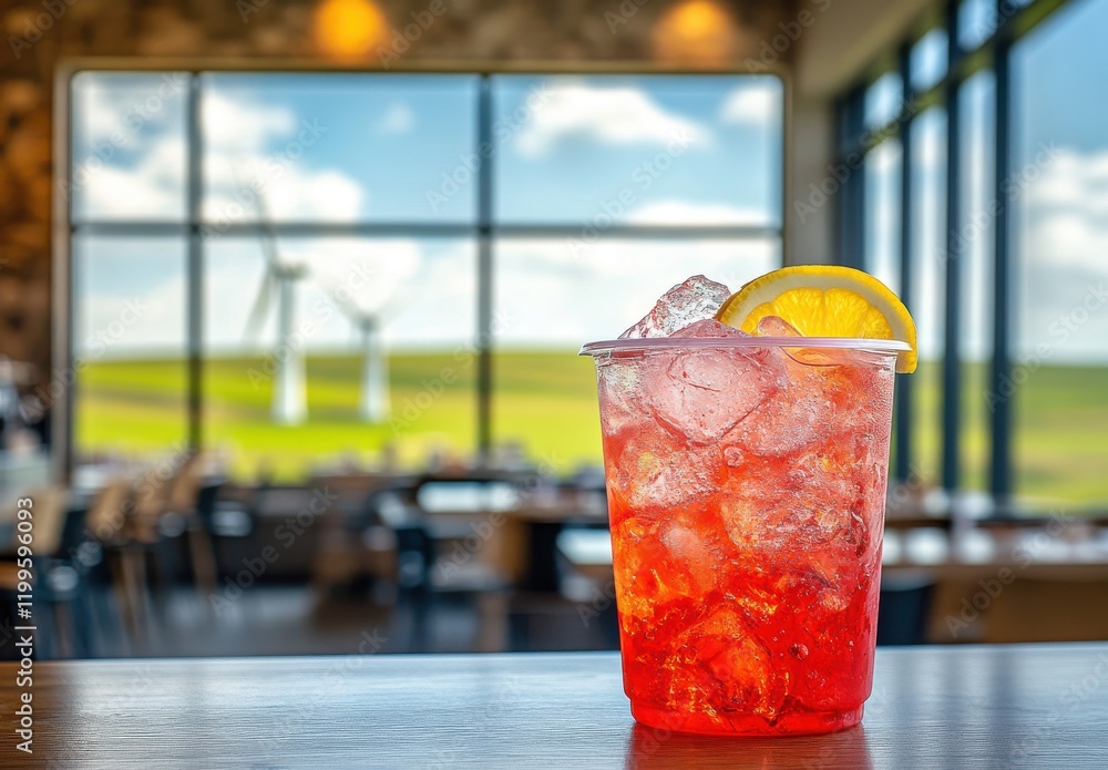 Poster Refreshing Summer Drink with Lemon Slice in a Scenic Cafe with Wind Turbines and Rolling Green Hills in the Background