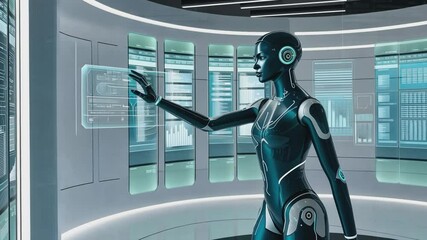 AI Assistant in Futuristic Server Room: A sleek, humanoid robot interacts with a holographic interface in a modern, futuristic server room, showcasing advanced technology and artificial intelligence. - Powered by Adobe