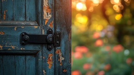 A rustic orange garden door opens to reveal a lush garden bathed in sunlight. Ideal for spring or summer themes, home improvement, and landscaping inspiration.