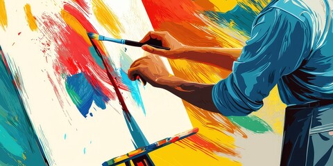Fototapeta premium A vector-style graphic of a painter holding a paintbrush, creating artwork on a canvas.