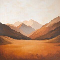 Naklejka premium Peaceful mountain valley drenched in warm sunset tones on white backdrop 