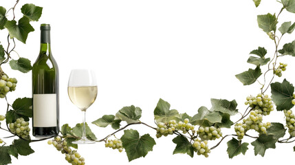 A bottle of white wine and a glass are elegantly displayed among lush grapevine leaves on a white background, creating a fresh and inviting ambiance.