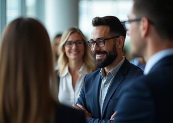 Smiling business professionals during a networking event