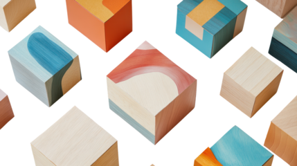 Colorful wooden blocks arranged aesthetically, showcasing artistic designs and various shapes, perfect for creative play and decoration.