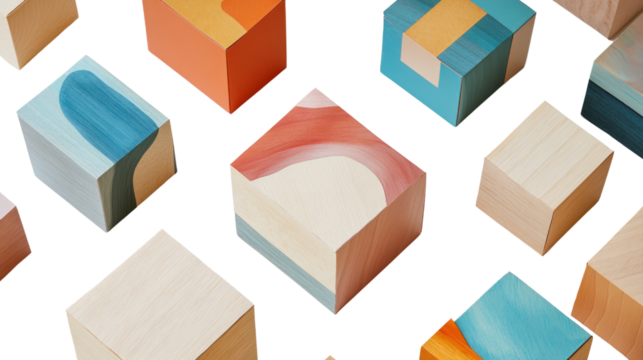 Colorful wooden blocks arranged aesthetically, showcasing artistic designs and various shapes, perfect for creative play and decoration.