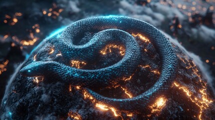 Fototapeta premium Mystical Dark Serpent Coiled on Volcanic Rock Glowing Lava Digital Art