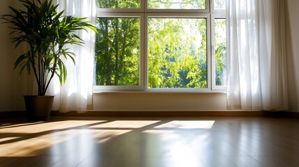 Fototapeta premium Sunlight Streaming Through Window, Illuminating Room's Hardwood Floor and Plant