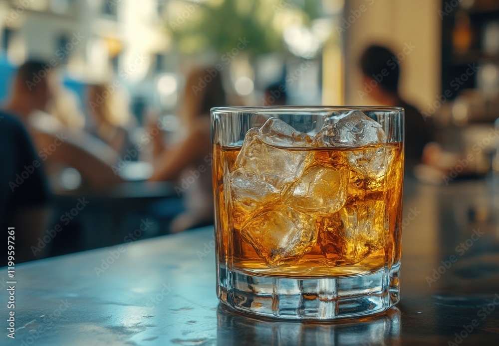 Poster refreshing whiskey cocktail with ice on table in bar setting, capturing vibrant atmosphere of social