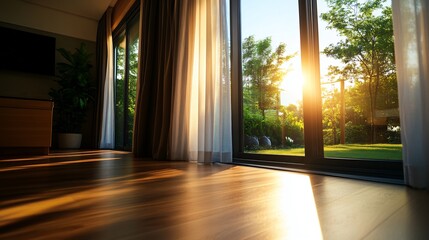 Fototapeta premium Golden Hour Serenity: Sunlight Streaming Through Modern Home Windows