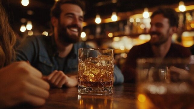 A celebration of whiskey among friends in a vibrant setting.