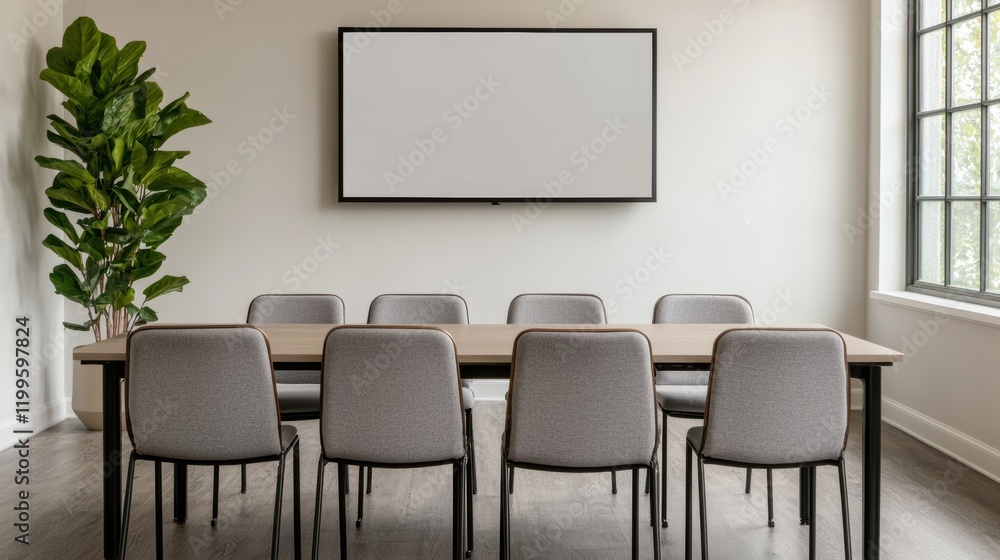 Poster modern conference room with empty table and digital screen showing blank whiteboard