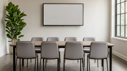 Modern conference room with empty table and digital screen showing blank whiteboard