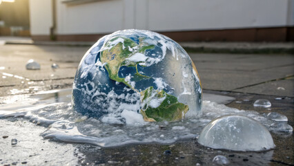 Melting ice sculpture of Earth on pavement, symbolizing climate change